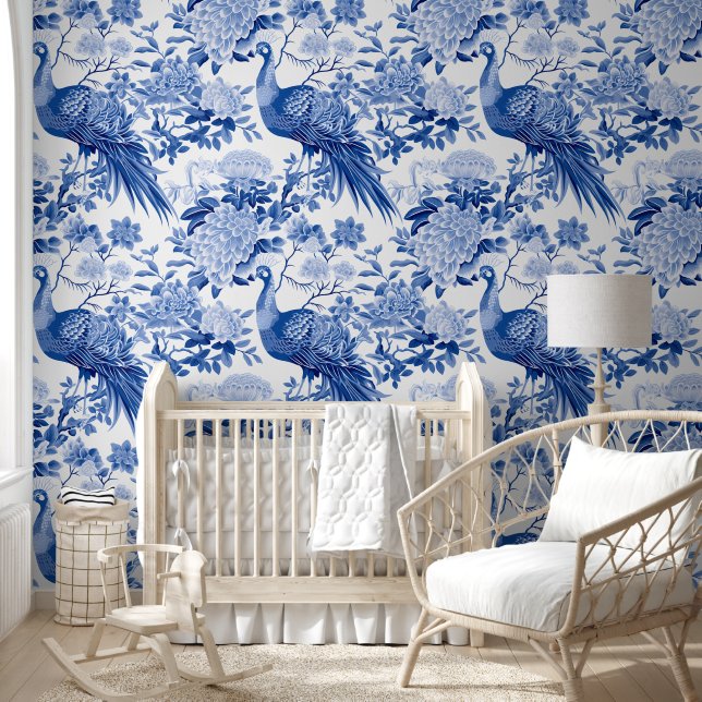 Elegante Toile De Jouy Blauwe Witte Peacock Bloeme Behang (Kinderen)
