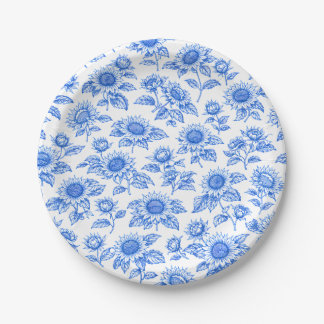 Elegante Toile du Jouy Zonnebloemen – Blauw Botani Papieren Bordje