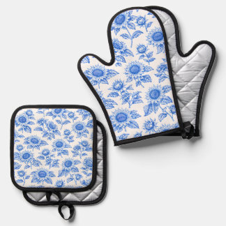 Elegante Toile du Jouy Zonnebloemen – Blauwe Botan Ovenwant & Pannenlap Set