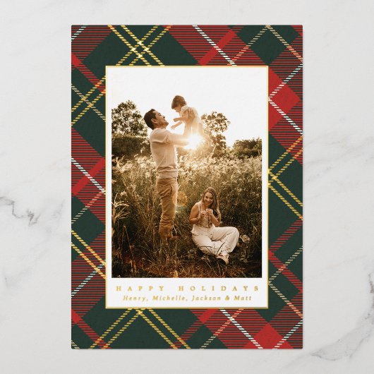 Elegante traditionele rood en groen geplakte foto folie feestdagenkaart (Voorkant)
