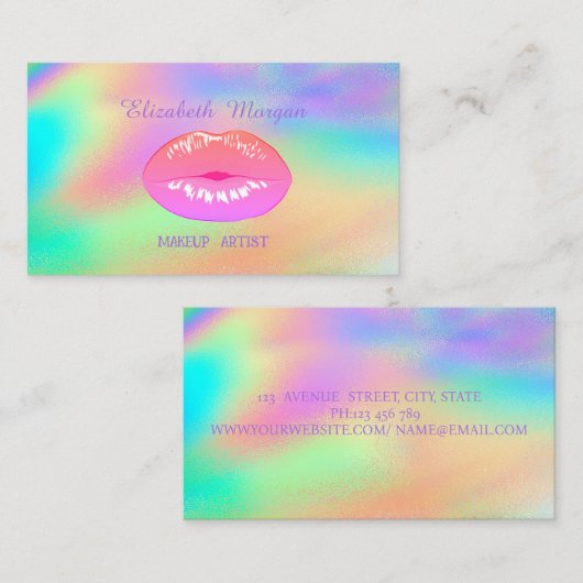 Elegante trendy lippen regenboog holografisch visitekaartje (Voorkant / Achterkant)