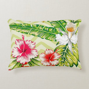 Elegante Tropische Bladeren en Hibiscus Bloemen Accent Kussen