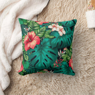 Elegante Tropische Bladeren en Hibiscus Bloemen Kussen