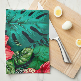 Elegante Tropische Bladeren en Hibiscus Bloemen Theedoek