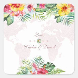 Elegante Tropische Bloem Gouden Wereldkaart Trouwd Vierkante Sticker