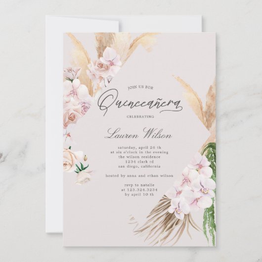 elegante tropische bloemen Quinceanera uitnodiging (Voorkant)