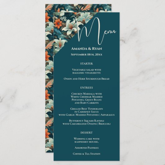 Elegante Tropische Bloemen Trouwmenu (Voorkant / Achterkant)