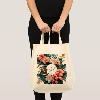 Elegante Tropische Bloemige Monogram Boodschappen Tote Bag