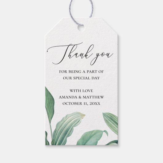 Elegante tropische groen bladeren bruiloft dank u cadeaulabel (Voorkant)
