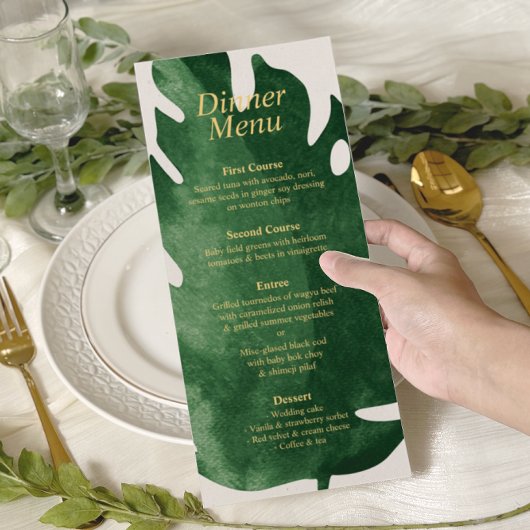 Elegante Tropische Groene Monstera Leaf Wedding Menu