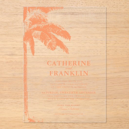 Elegante tropische palmboom bruiloft acryl uitnodigingen (Voorkant)