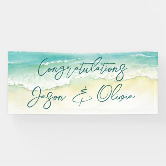 Elegante Tropische Strand Bruiloft Felicitaties Spandoek (Horizontaal)