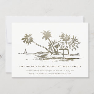 Elegante Tropische Strandpalmboom Schets Bleek Gou Save The Date