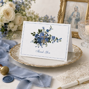 Elegante trouw blauwe bloemrijke religieuze bedankkaart