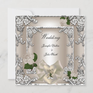Elegante Trouw Cream Roos Zilver Kaart