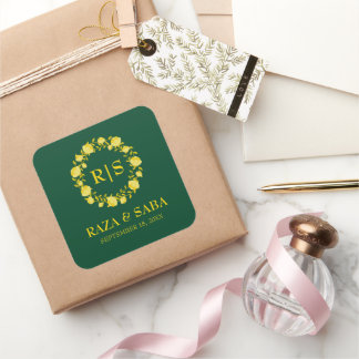 Elegante Trouw Emerald en Goud Vierkante Sticker