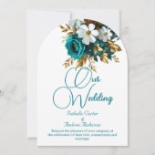 Elegante Trouw Ornamentele Turquoise Witte Gouden Kaart (Voorkant)