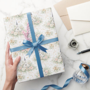 Elegante Trouw Waterverfkerk Bloemen Ringen Cadeaupapier