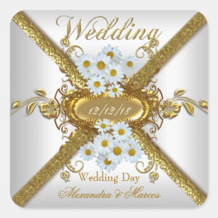 Elegante trouw witte madeliefjes bloemen goud vierkante sticker