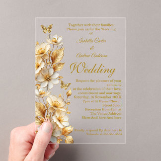 Elegante Trouwbloemen Witte Gouden Vlinders Acryl Uitnodigingen