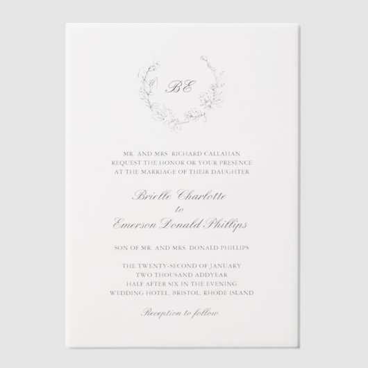 Elegante trouwbloemkrans met monogram vellum uitnodigingen (Voorkant)