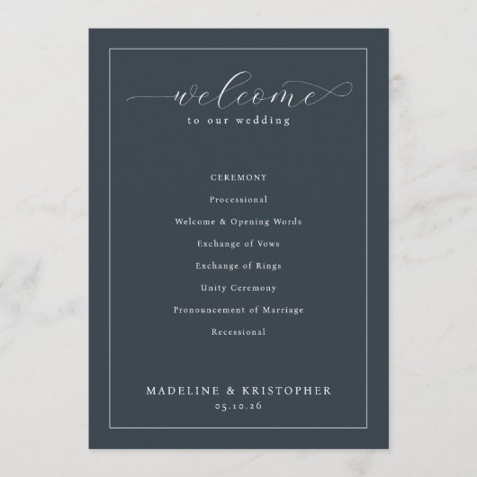 Elegante Trouwceremonie Schema Navy Programma (Voorkant)