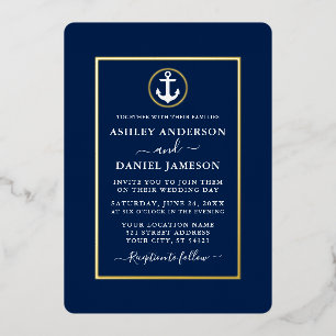 Elegante Trouwdag Nautilus Anker Marineblauw Goud Folie Uitnodiging