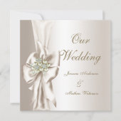 Elegante Trouwdamast Parel Crème Witte Strik Kaart (Voorkant)