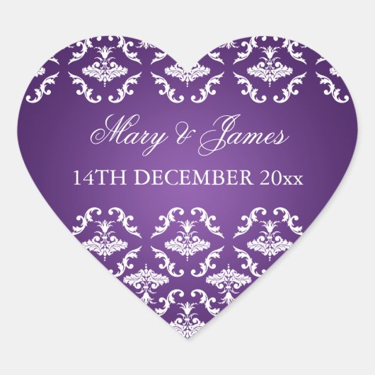 Elegante Trouwdatum  Damask Paarse Hart Sticker (Voorkant)