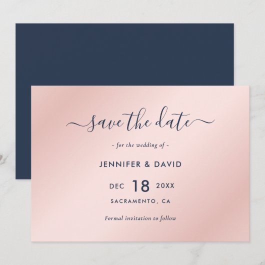Elegante trouwdatum in Navy Blue en Blush Save The Date (Voorkant / Achterkant)