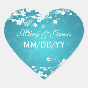 Elegante trouwdatum Kersenbloesem Blauw Hart Sticker