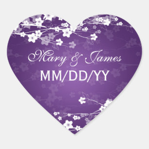 Elegante trouwdatum Kersenbloesem Paarse Hart Sticker