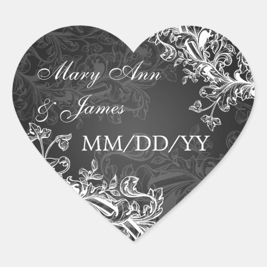Elegante trouwdatum  wervelingen zwart hart sticker (Voorkant)