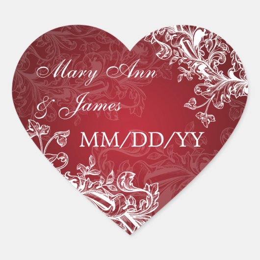 Elegante trouwdatum  wervelt rood hart sticker (Voorkant)