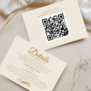 Elegante trouwdetailskaart met gouden schrift en Q RSVP Kaartje