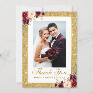 Elegante Trouwfoto Gouden Glitter Bourgogne Bloeme Bedankkaart