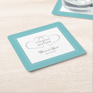 Elegante Trouwhartjes Oneindige Liefde Aqua & Wit Vierkante Kartonnen Onderzetter