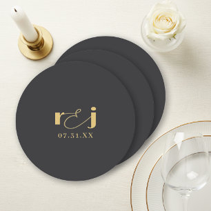 Elegante trouwinitiëlen Matte Zwart Goud ID1312 Ronde Kartonnen Onderzetter