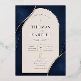Elegante trouwkaart in Navyblauw en Goud | Blauw Folie Uitnodiging