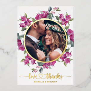 Elegante Trouwkaart met Bloemen Dankjewel Foto Folie Uitnodiging