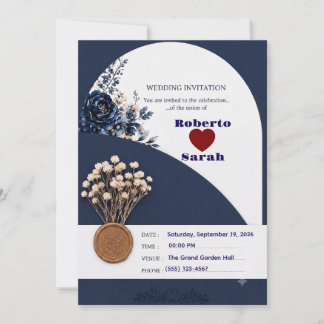 Elegante trouwkaart met Navy Blauwe & Gouden Bloem Kaart
