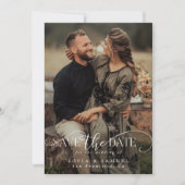 Elegante trouwkaart met twee foto's en handgeschre save the date (Voorkant)