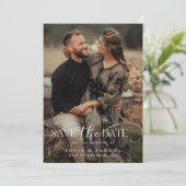 Elegante trouwkaart met twee foto's en handgeschre save the date (Staand voorkant)