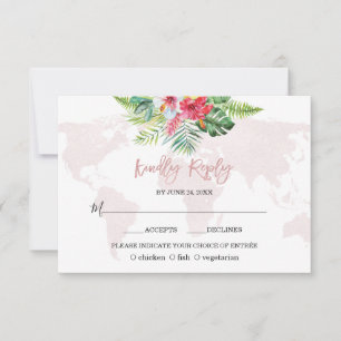 Elegante Trouwkaart met Wereldkaart en Tropische B RSVP Kaartje