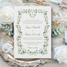 Elegante trouwkaart met witte bloemenkrans en mono