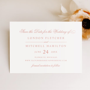 Elegante trouwkaart met witte roosgouden schrift save the date