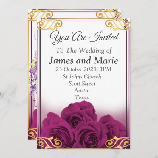 Elegante trouwkaart, paarse rozen kaart (Voorkant / Achterkant)
