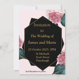 Elegante trouwkaart, roze bloemen, zwart kaart