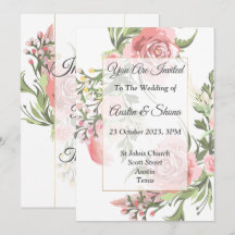 Elegante trouwkaart, roze, bloemmotief, vintage