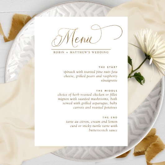 Elegante trouwkaart, wit en gouden kalligrafie men menu
